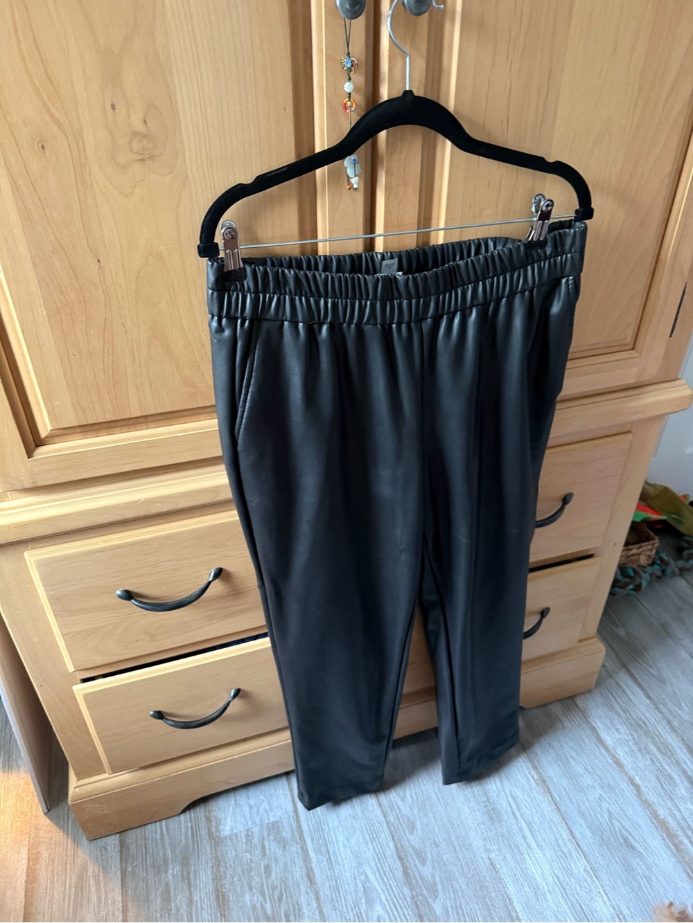 Black Faux Leather Elastic-Waist Trousers